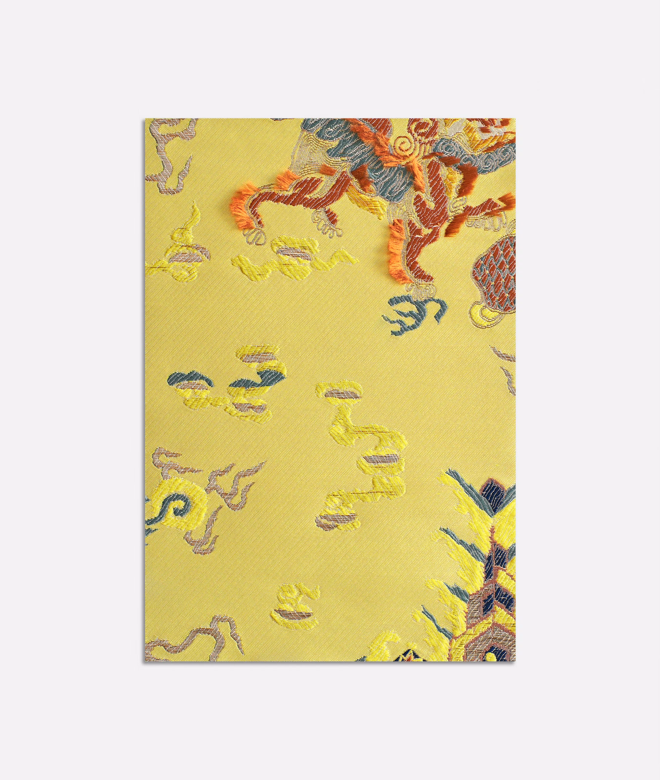 Chartreuse yellow jacquard with coral, blue, lavender and abstract textured motifs