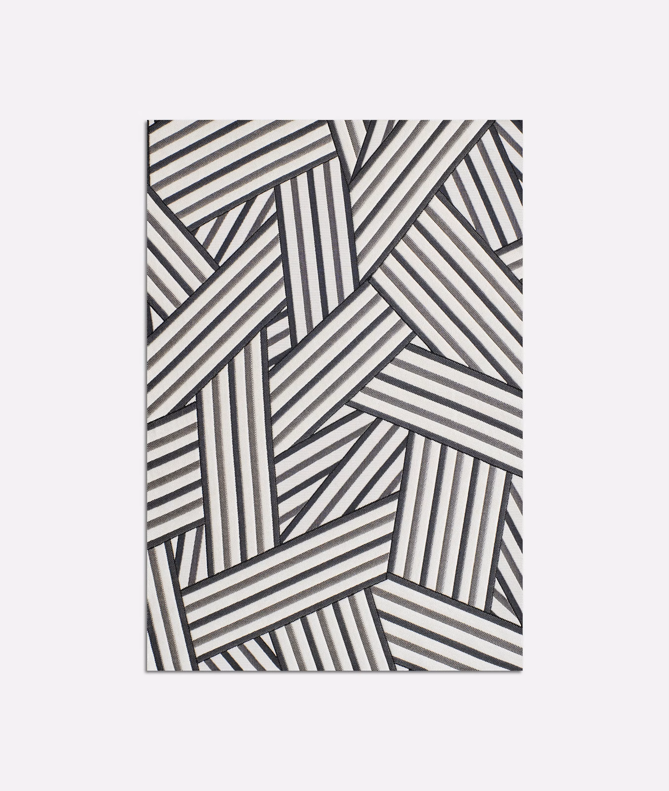 Cool silver jacquard with charcoal striped bands forming an interlocking geometric pattern