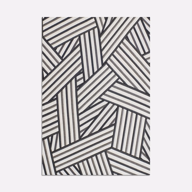 Cool silver jacquard with charcoal striped bands forming an interlocking geometric pattern