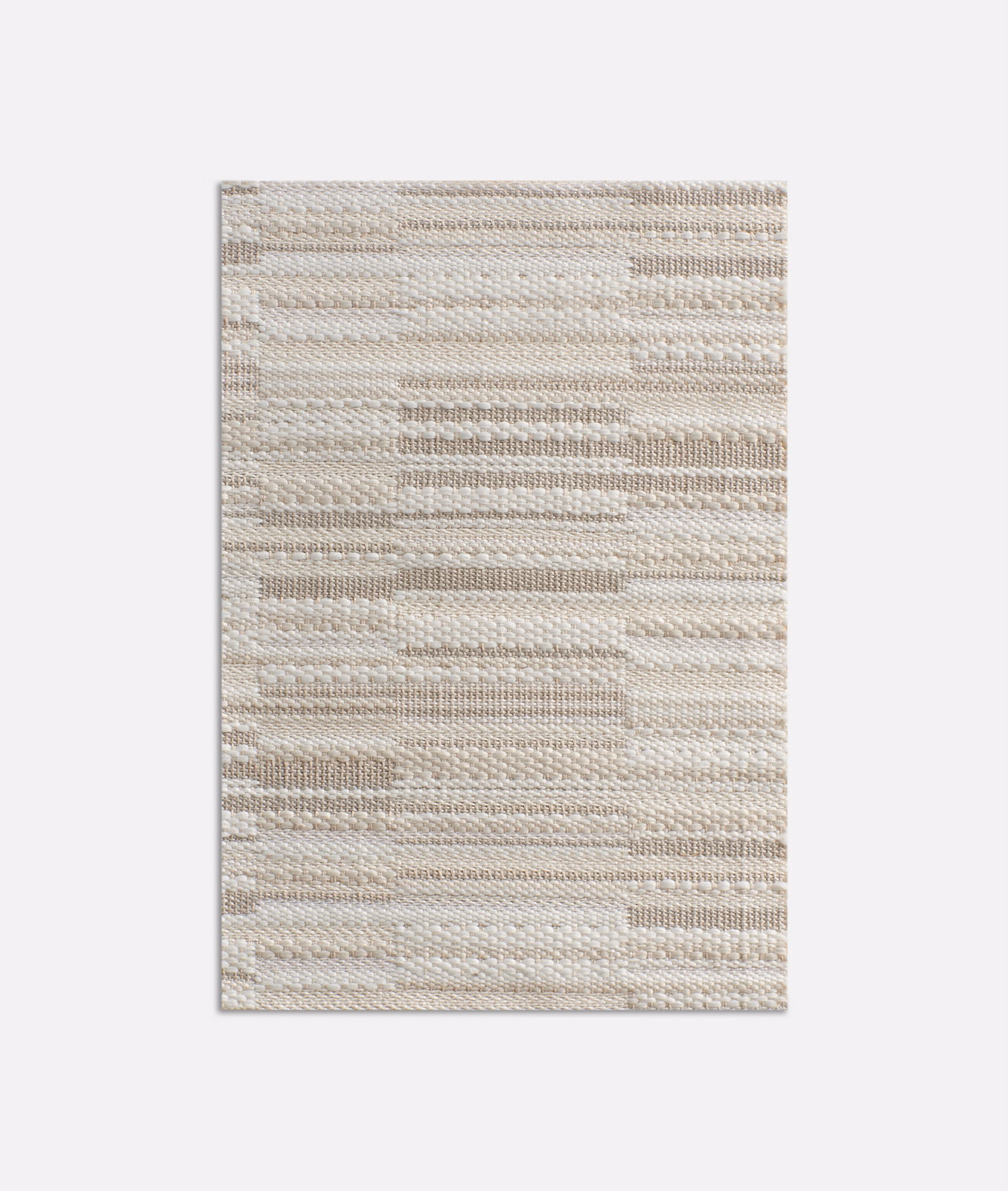 Warm ivory-beige jacquard swatch with irregular horizontal geometric bands and tactile woven texture