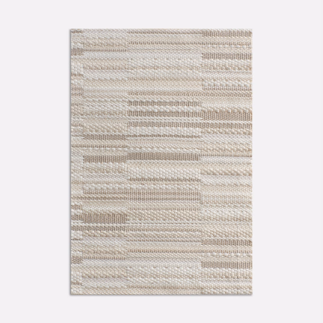 Warm ivory-beige jacquard swatch with irregular horizontal geometric bands and tactile woven texture