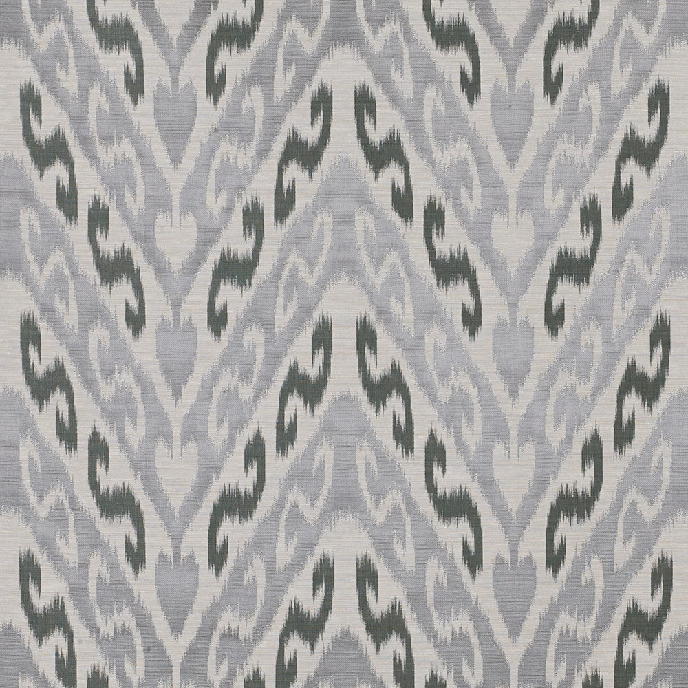 Muted celadon-grey woven ground with dark sage ikat-like motifs