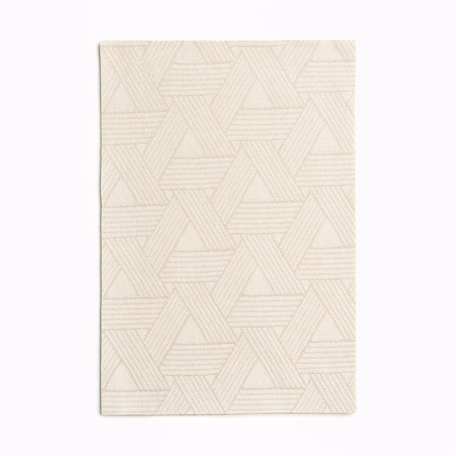 Ivory jacquard swatch with interlocking triangles and fine horizontal geometric lines