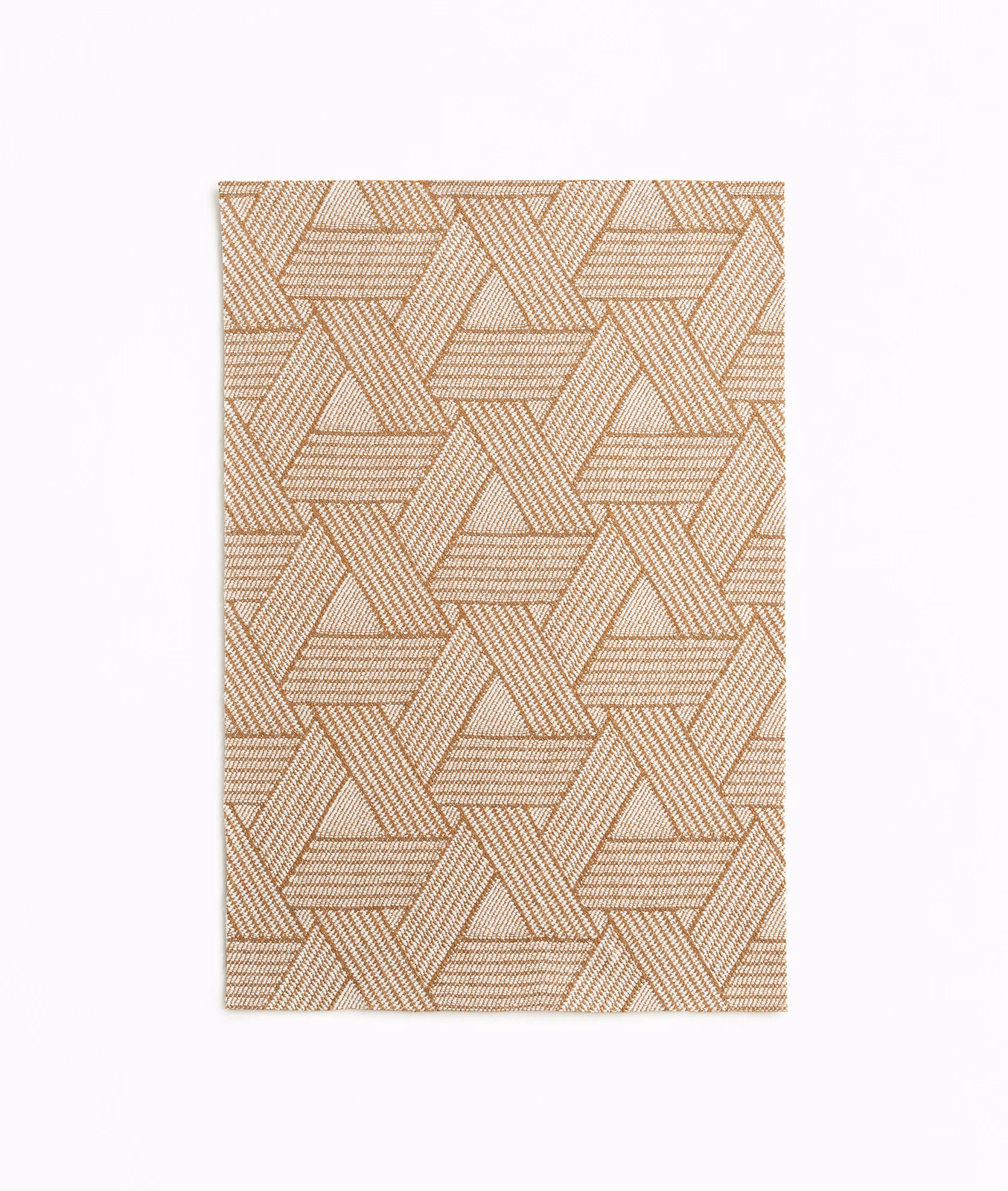 Warm tobacco-beige jacquard with interlocking angular bands and fine woven stripes