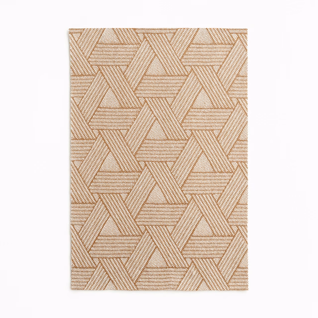 Warm tobacco-beige jacquard with interlocking angular bands and fine woven stripes