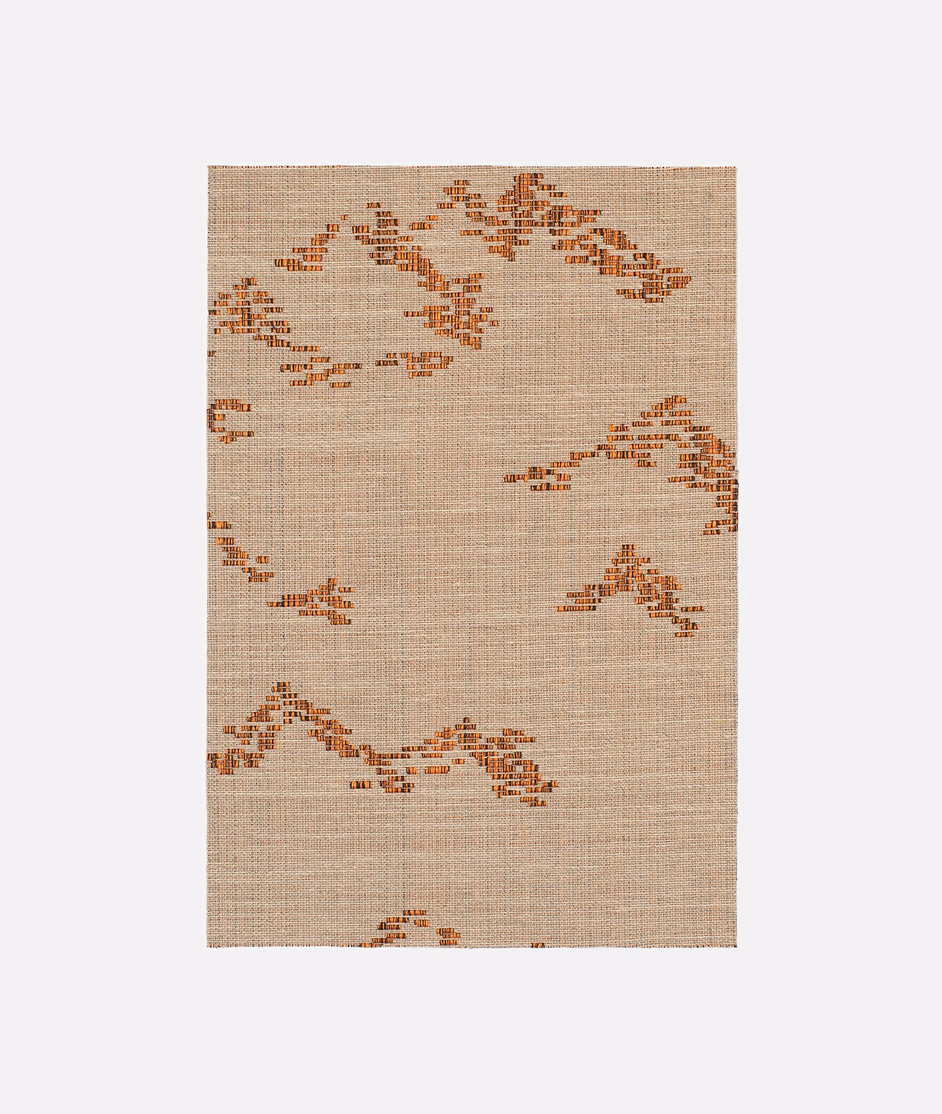 Warm beige woven swatch with scattered rust-red, branch-like geometric motifs