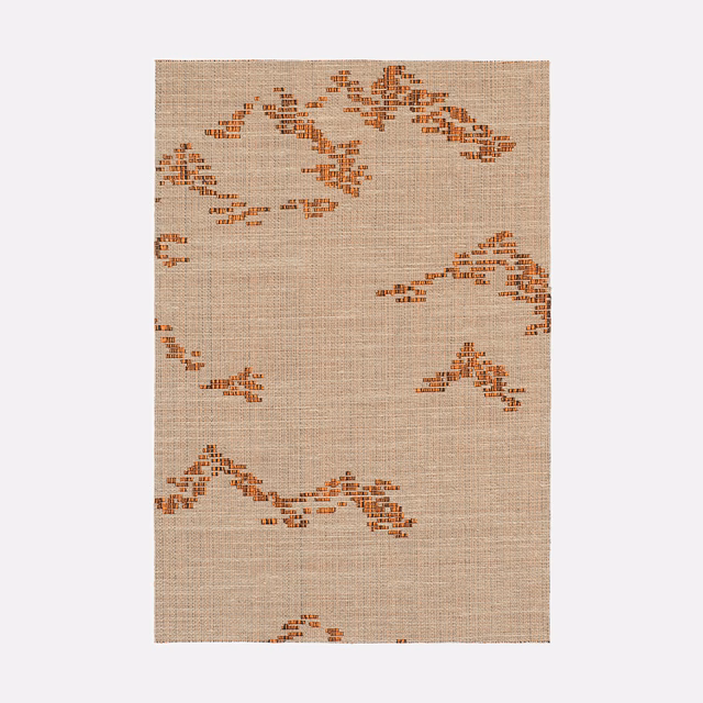 Warm beige woven swatch with scattered rust-red, branch-like geometric motifs