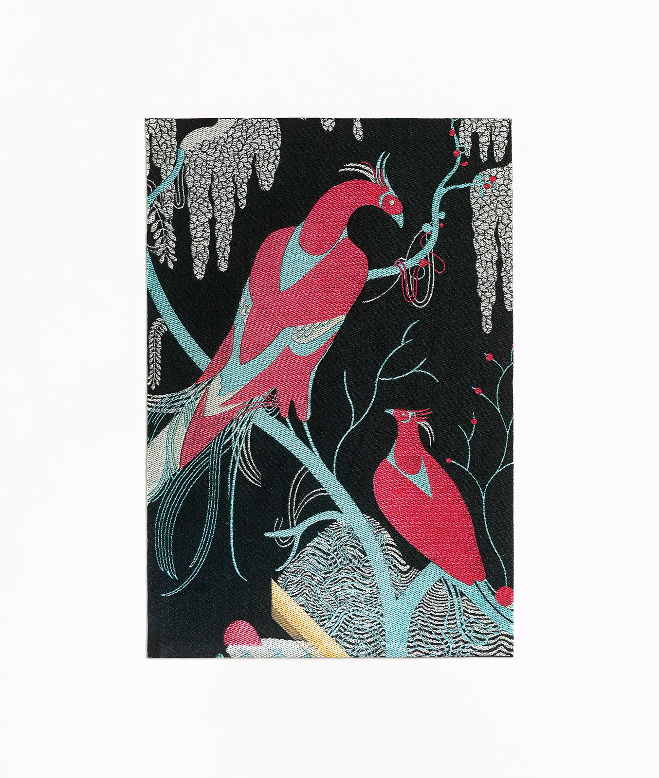 Black jacquard swatch with pink birds, turquoise branches and silver foliage