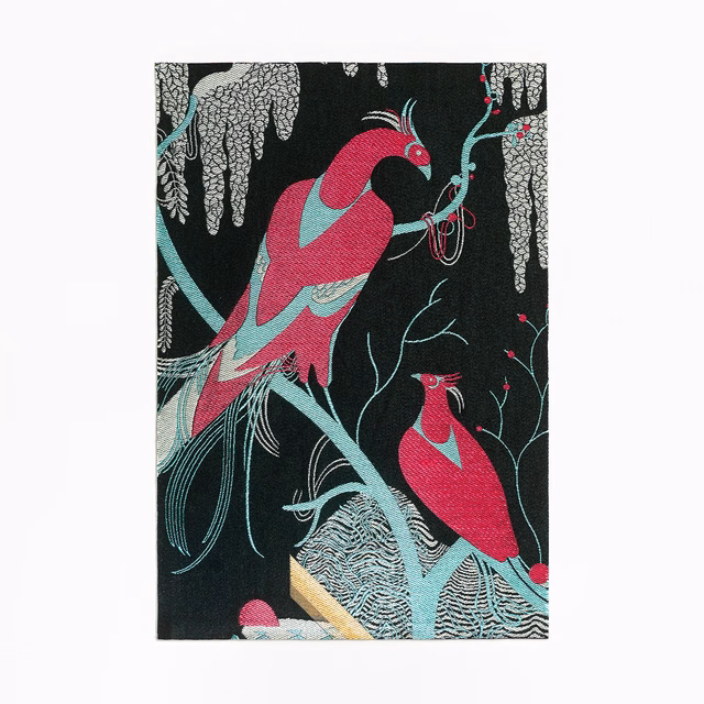 Black jacquard swatch with pink birds, turquoise branches and silver foliage