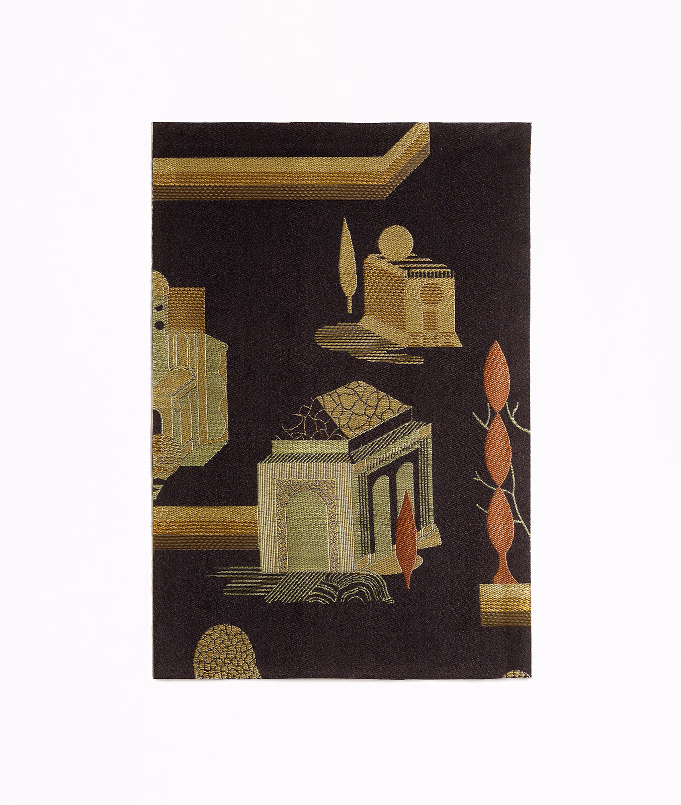 Espresso-brown jacquard with ochre architectural scenes, olive details and rust finials