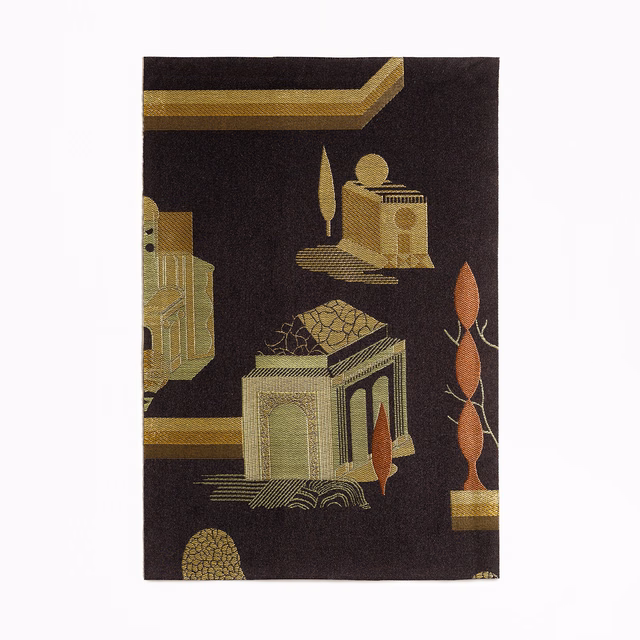 Espresso-brown jacquard with ochre architectural scenes, olive details and rust finials