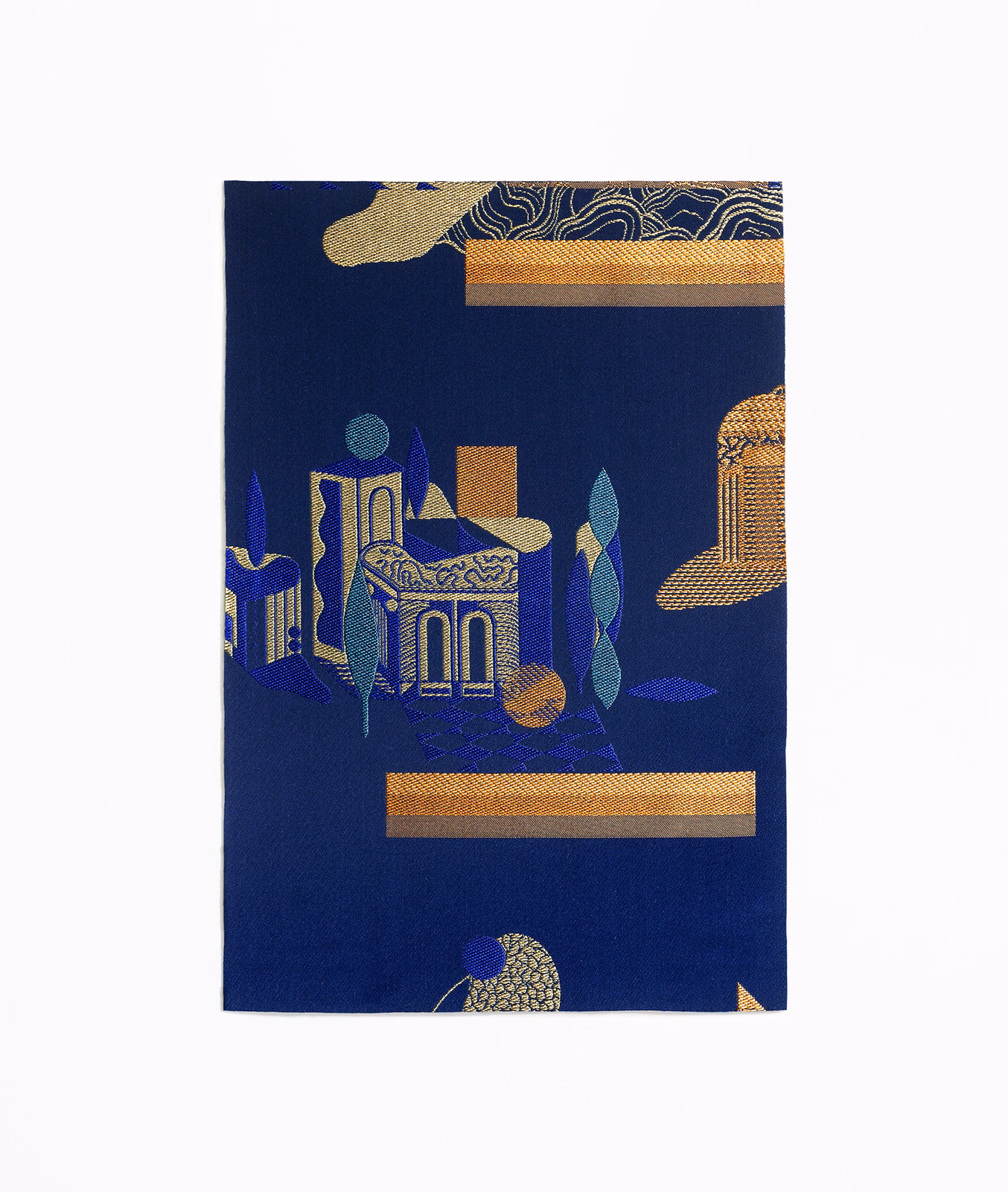 Deep navy jacquard with gold architectural bands and teal-blue motifs