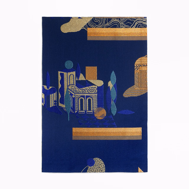 Deep navy jacquard with gold architectural bands and teal-blue motifs