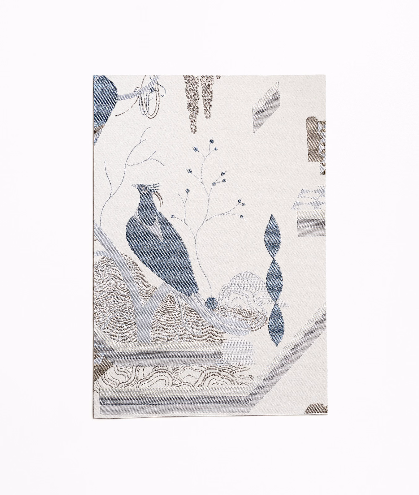 Ivory jacquard with blue-grey birds, leaves, waves and geometric bands