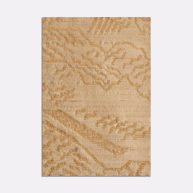 Muted dark-gold jacquard with flowing tonal animal-inspired motifs and textured woven ground