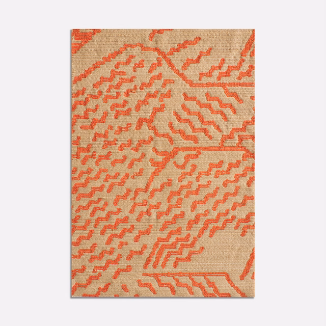Warm beige jacquard with electric orange broken tiger-like stripes and woven texture