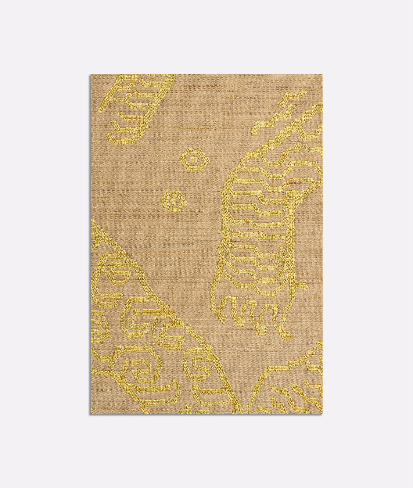 Warm beige jacquard with lemon-yellow angular tiger motifs and horizontal woven texture