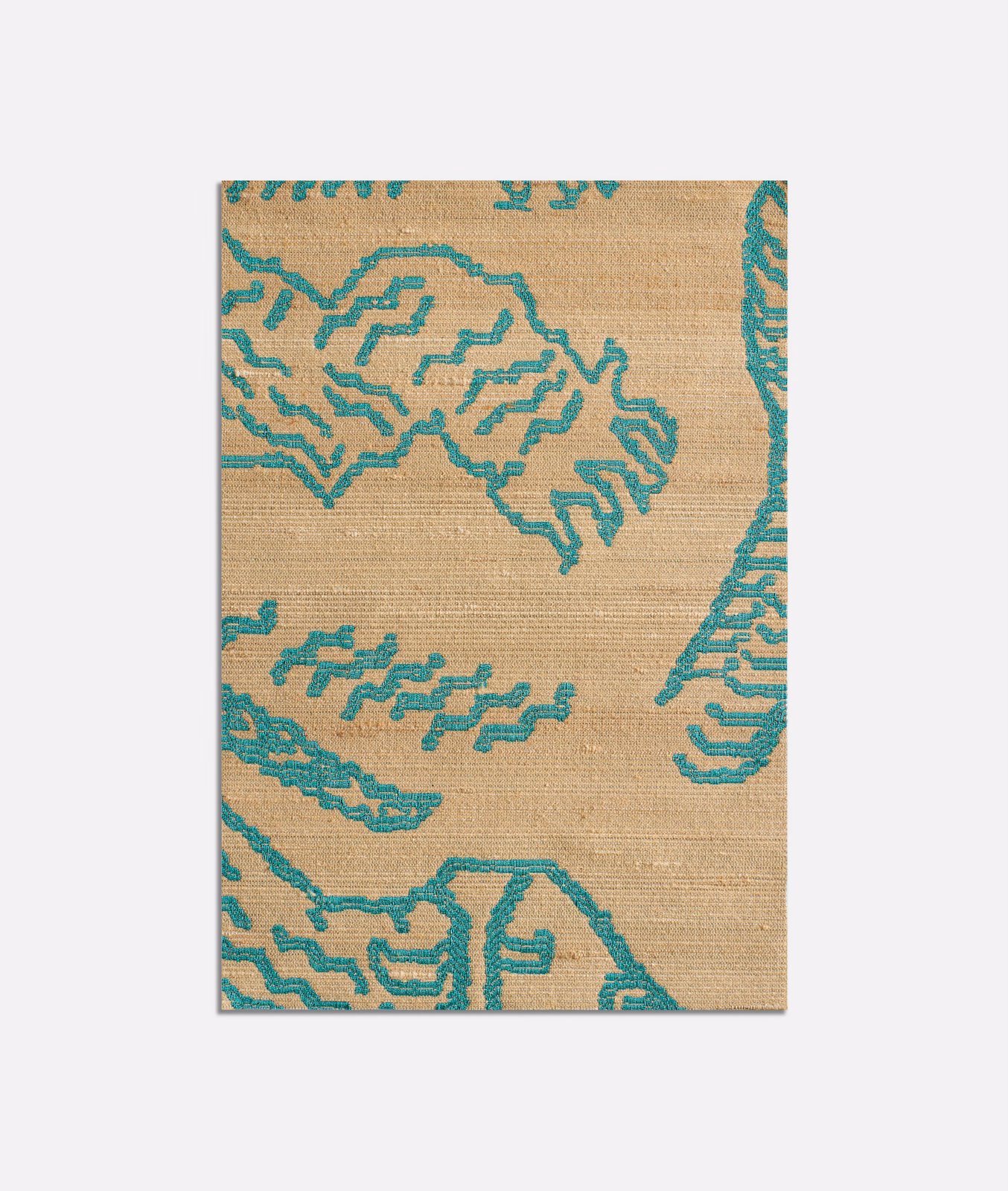 Muted turquoise tiger-like tracery over a warm tan ground, close-up woven swatch