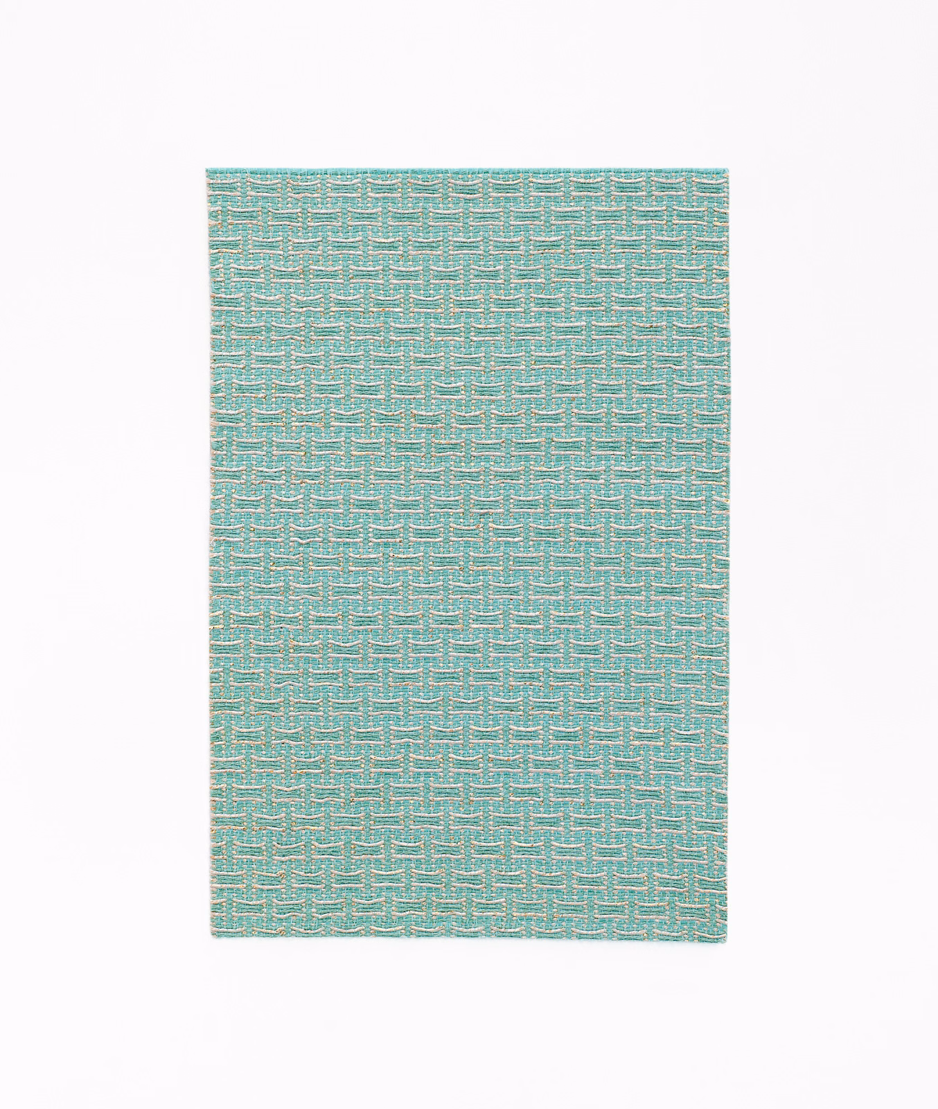 Cool mint-teal jacquard with pale broken geometric lines in a compact woven texture