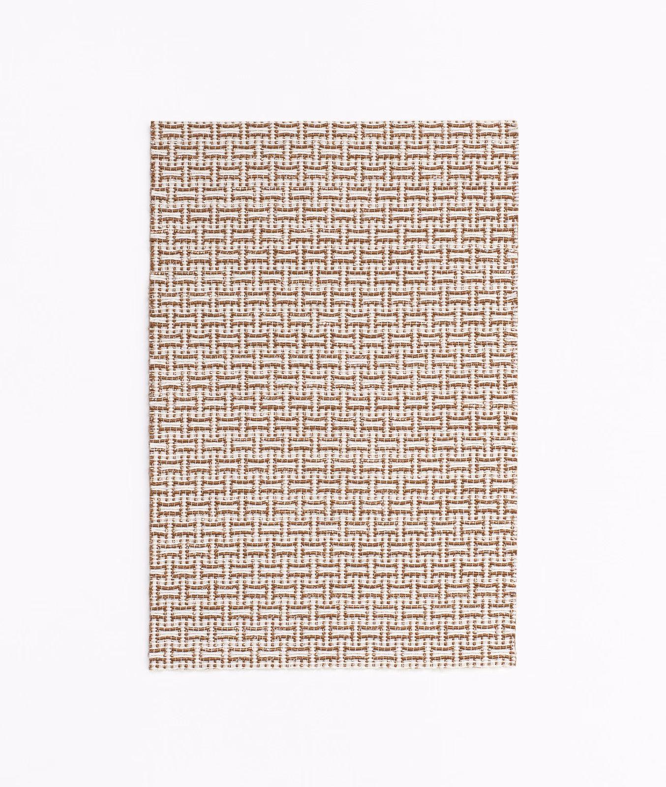 Warm beige-brown jacquard with a small interlocking geometric lattice weave