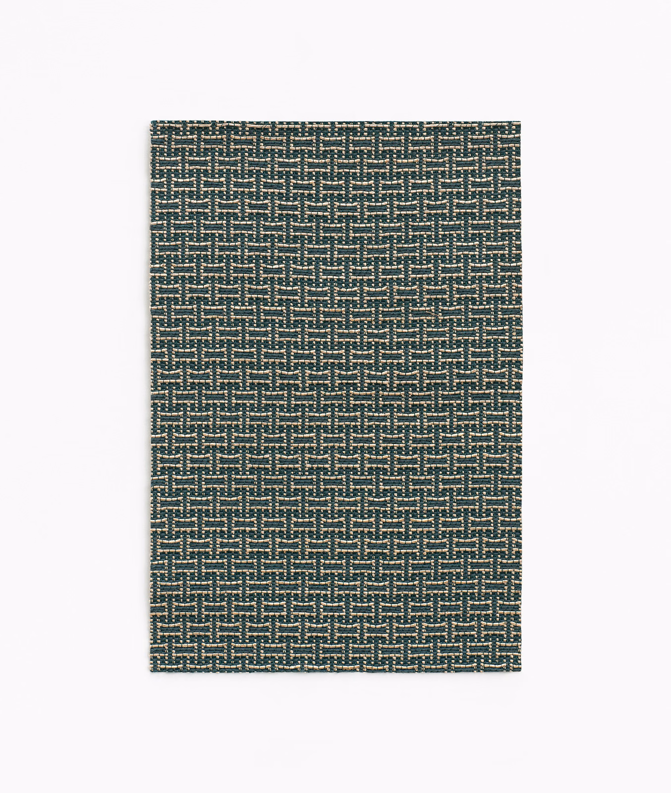 Deep petrol-teal jacquard swatch with a small pale geometric woven repeat