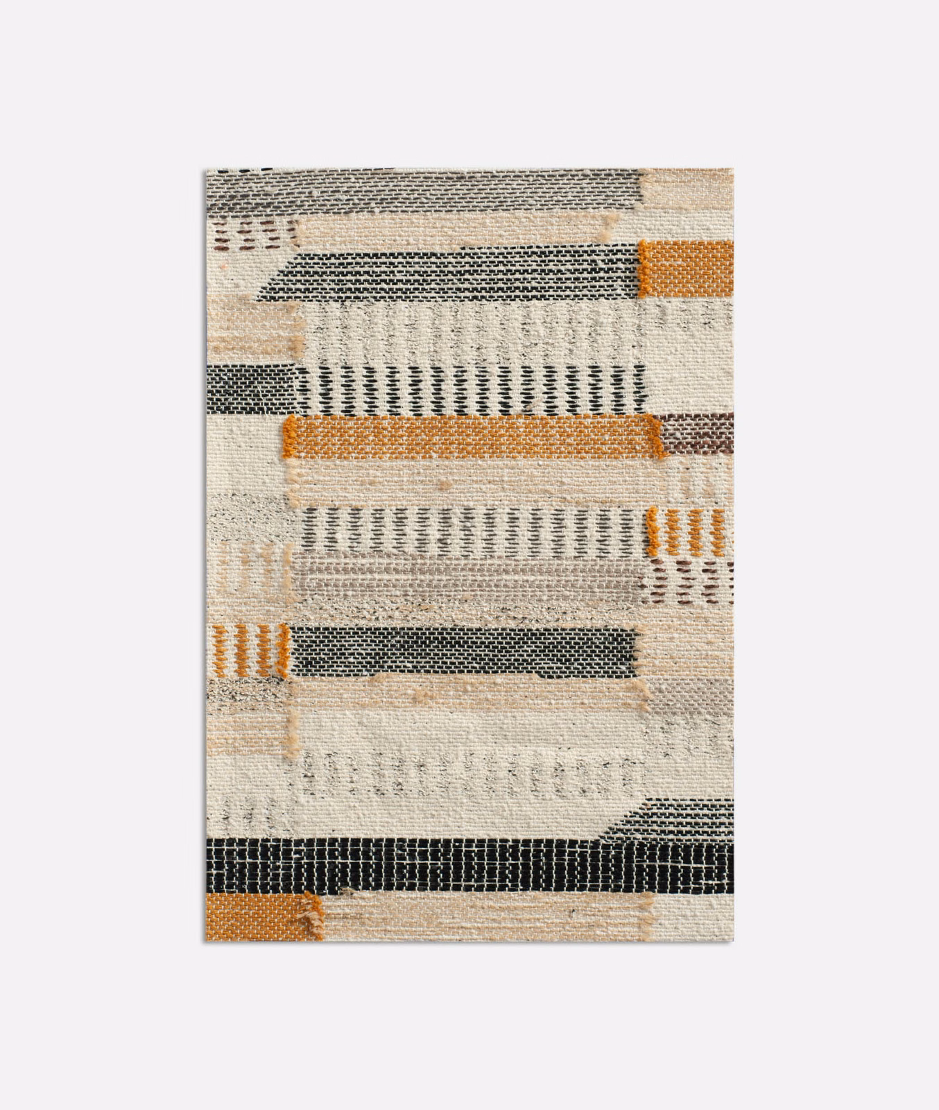 Natural cream jacquard with charcoal bars, ochre accents and raised woven bands