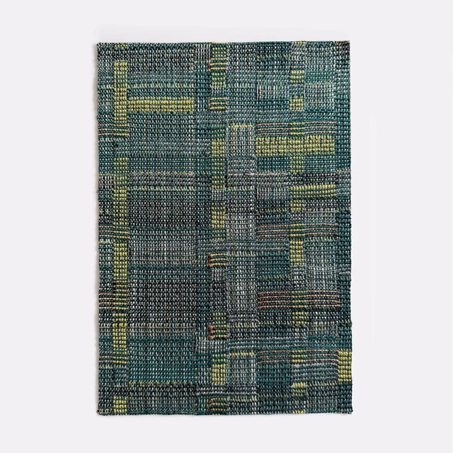 Dense teal jacquard with olive, yellow and charcoal geometric blocks