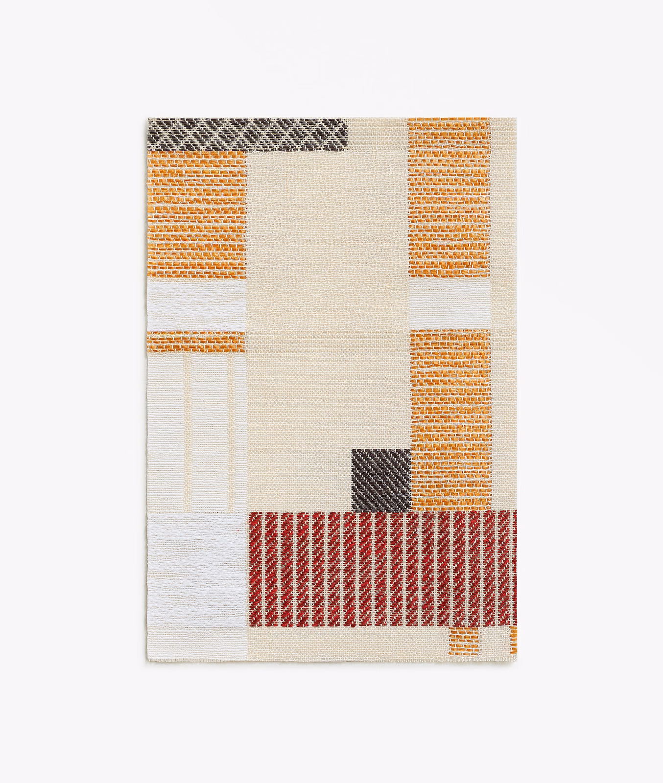 Warm cream jacquard with copper blocks, red stripe and charcoal herringbone accents