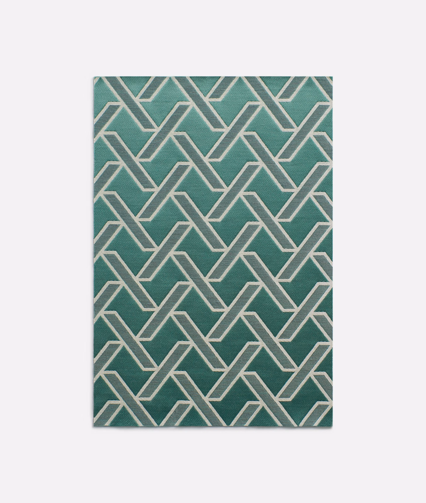 Aqua-teal jacquard with pale cream interlocking geometric bands and subtle woven texture