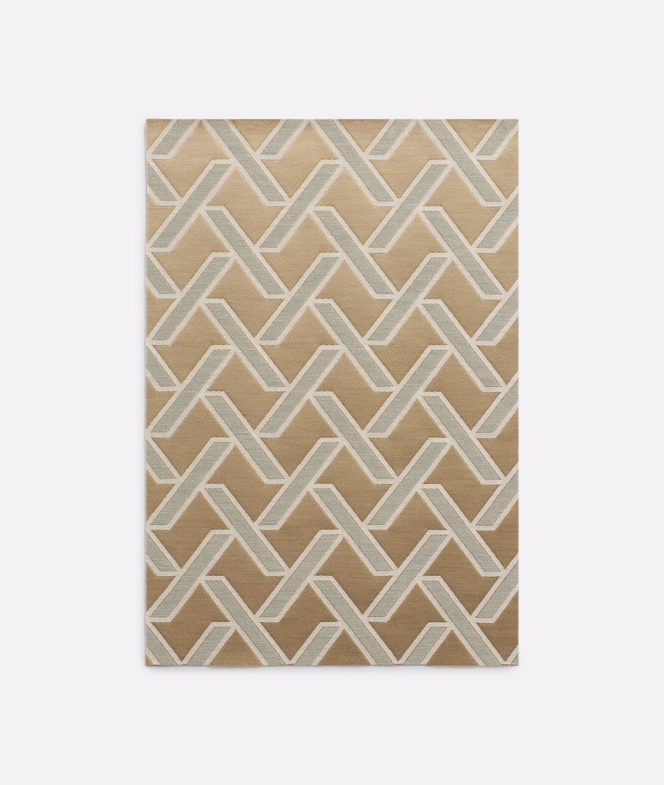 Warm beige jacquard with taupe fields and pale blue-grey interlocking geometry