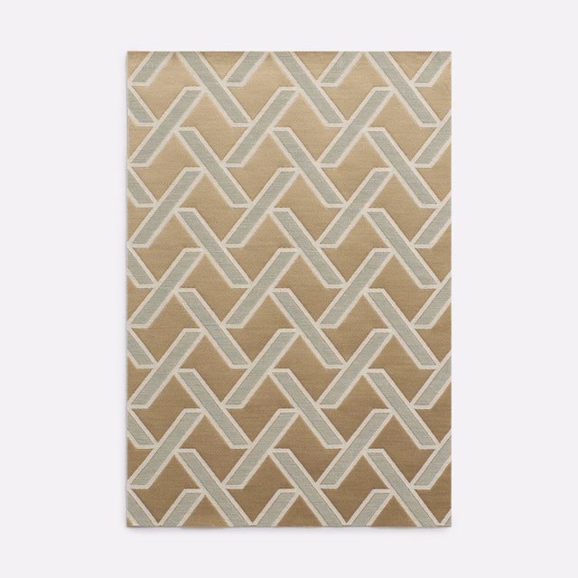 Warm beige jacquard with taupe fields and pale blue-grey interlocking geometry