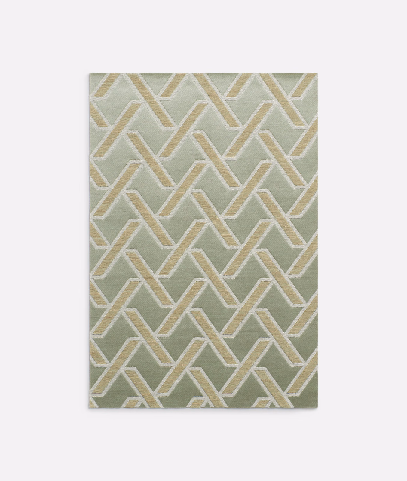 Muted sage-olive jacquard with an almond interlocking geometric lattice