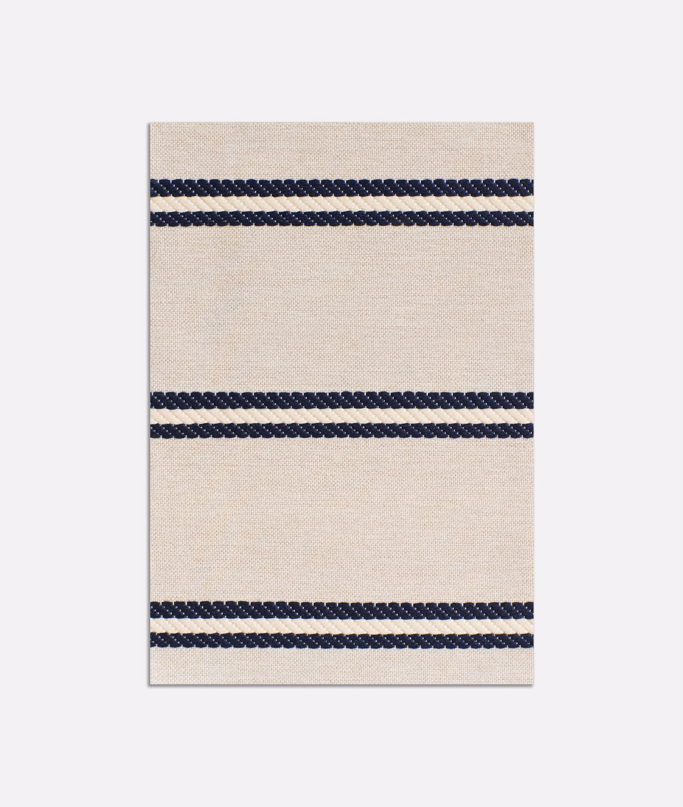 Warm beige jacquard with repeated paired navy horizontal stripes and fine woven texture