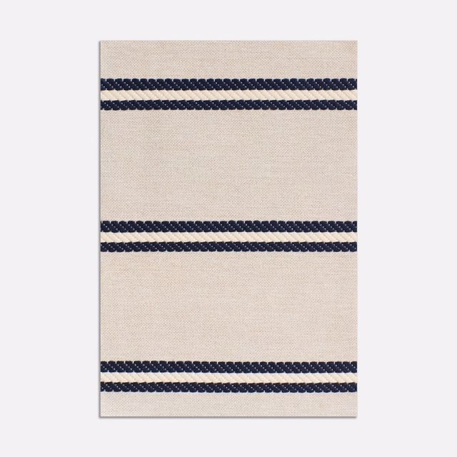Warm beige jacquard with repeated paired navy horizontal stripes and fine woven texture