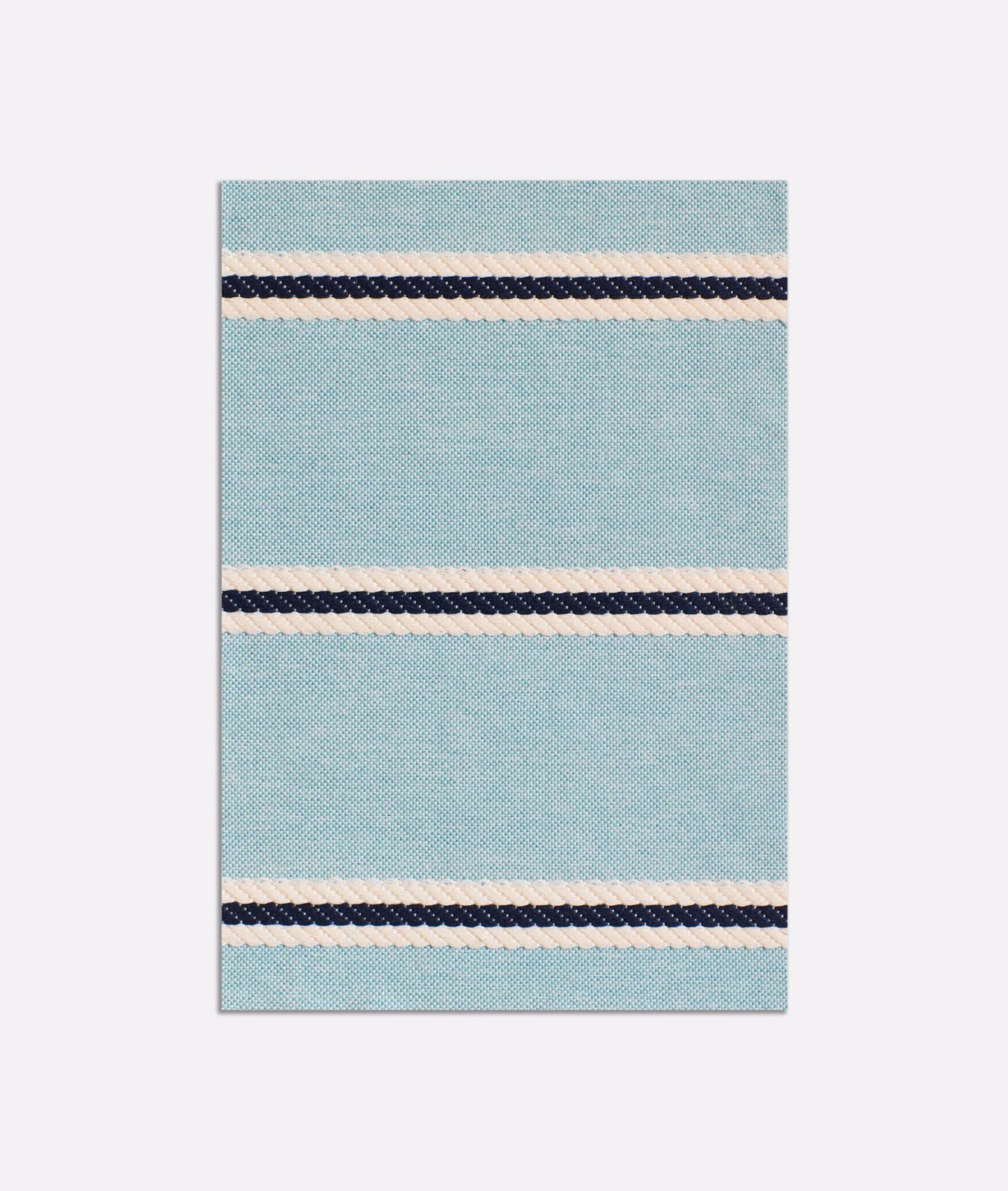 Pale aqua woven textile with repeated navy and ivory horizontal bands
