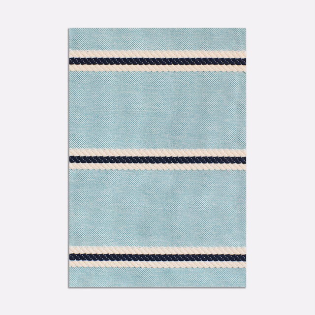 Pale aqua woven textile with repeated navy and ivory horizontal bands