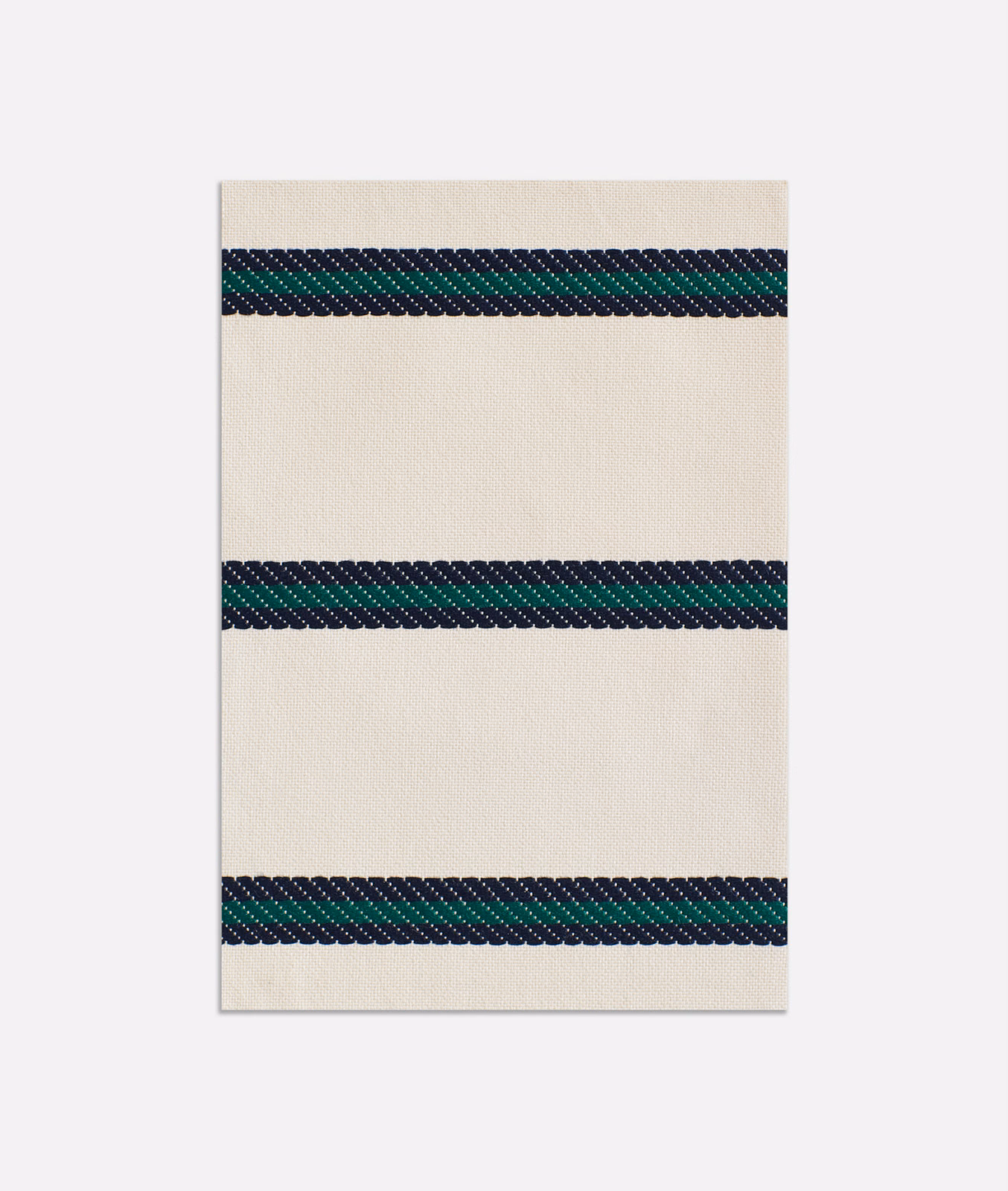 Cream jacquard swatch with three dark navy and teal woven horizontal bands