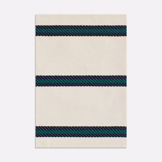Cream jacquard swatch with three dark navy and teal woven horizontal bands