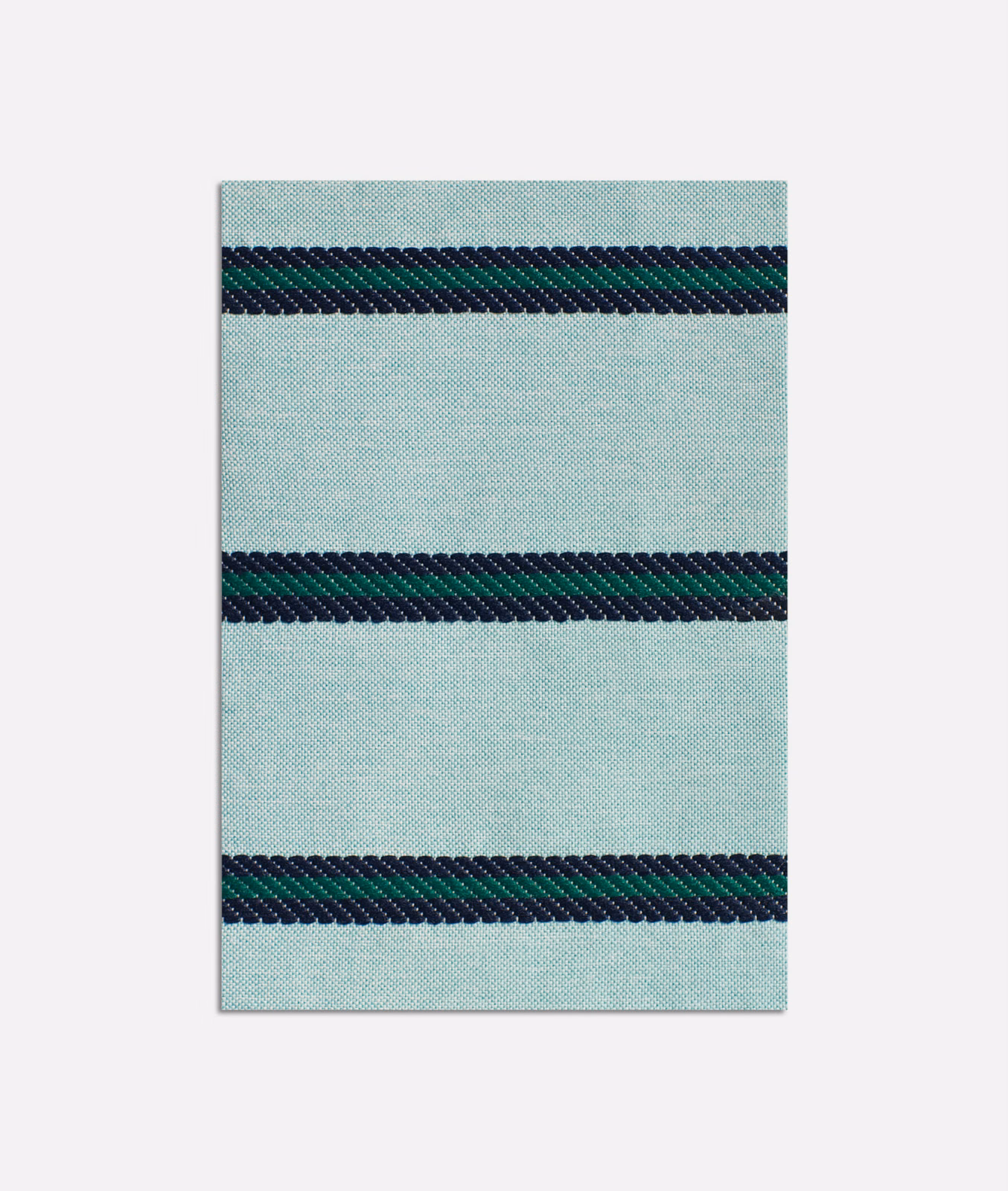 Pale aqua woven jacquard with repeated navy and dark green horizontal bands