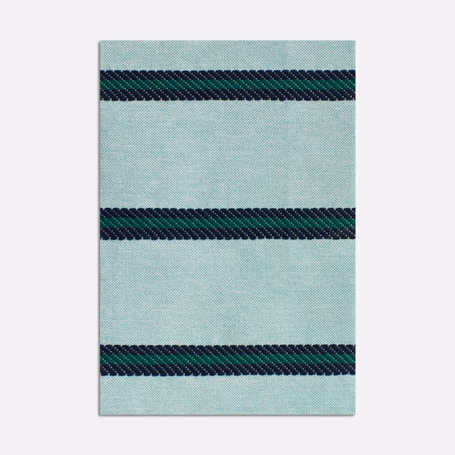 Pale aqua woven jacquard with repeated navy and dark green horizontal bands