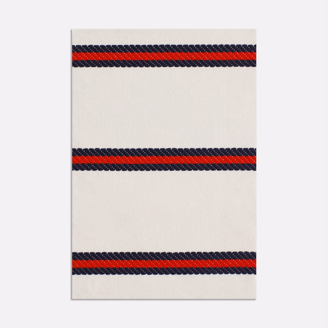 Cream jacquard with evenly spaced navy and rouge horizontal stripes