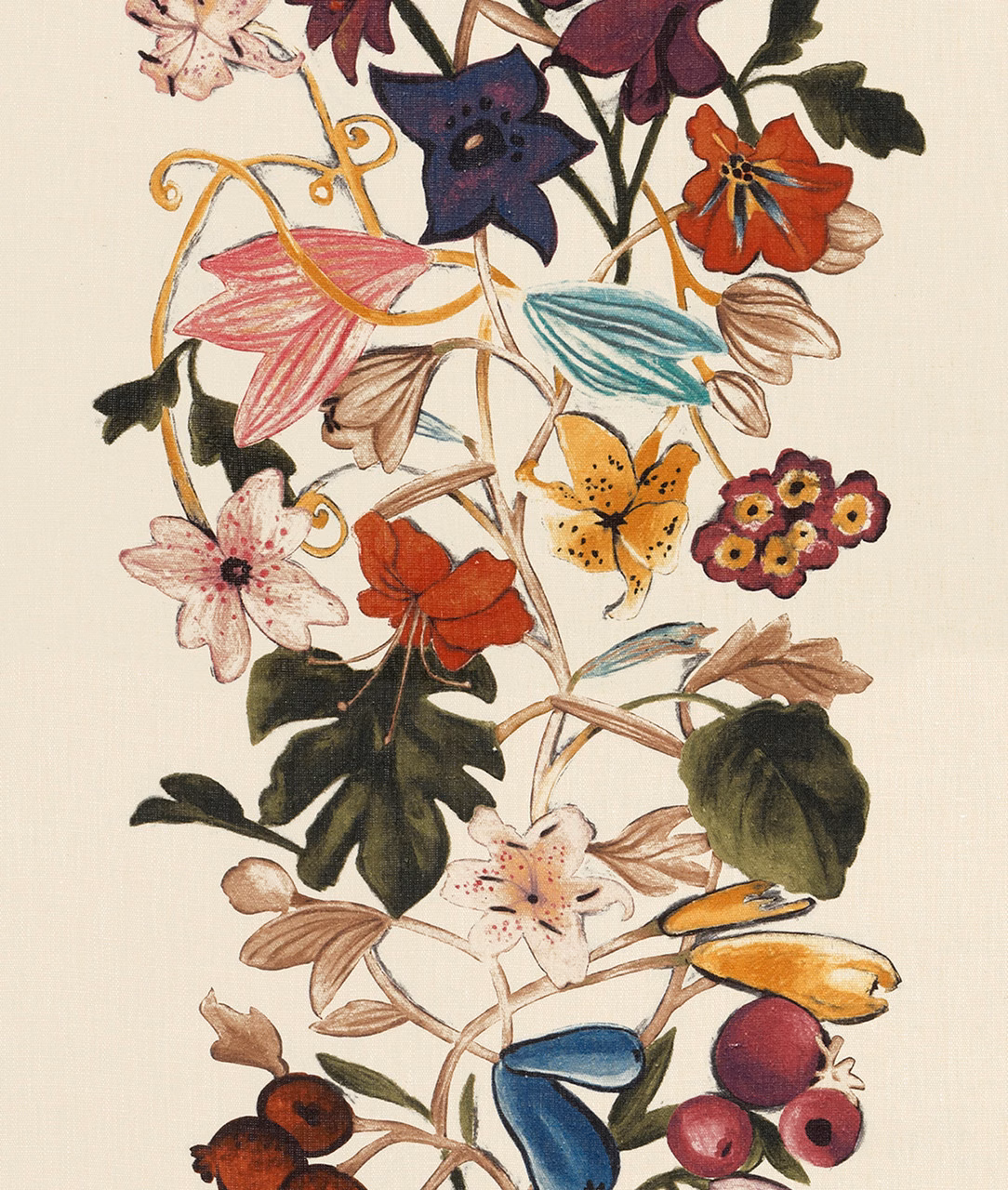 Ivory botanical print with burgundy, turquoise, coral and berry flowers