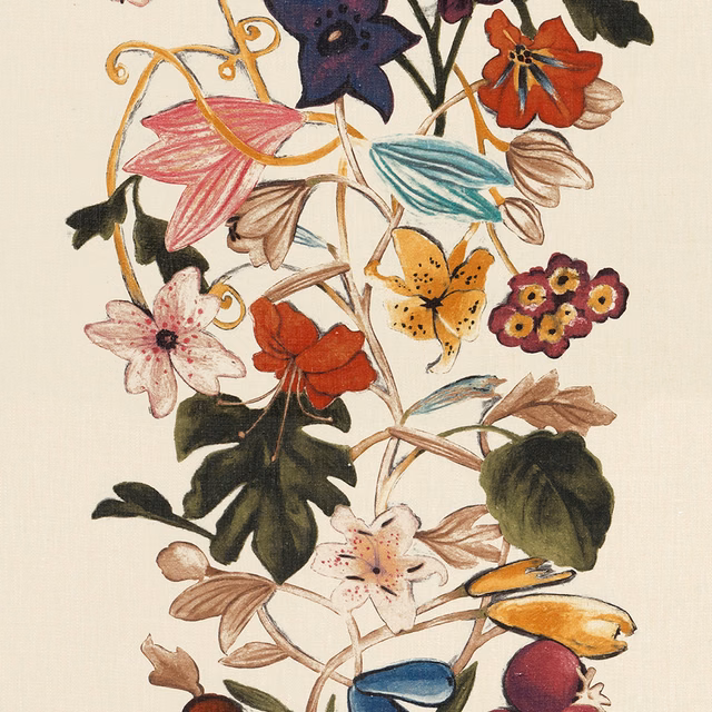 Ivory botanical print with burgundy, turquoise, coral and berry flowers