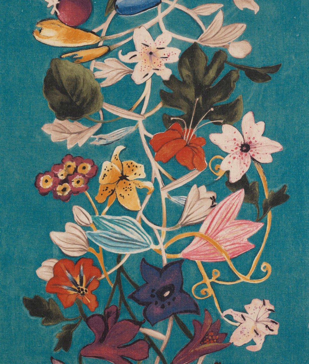 Deep teal floral textile with coral, pink, cream and yellow painterly blossoms