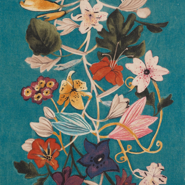 Deep teal floral textile with coral, pink, cream and yellow painterly blossoms