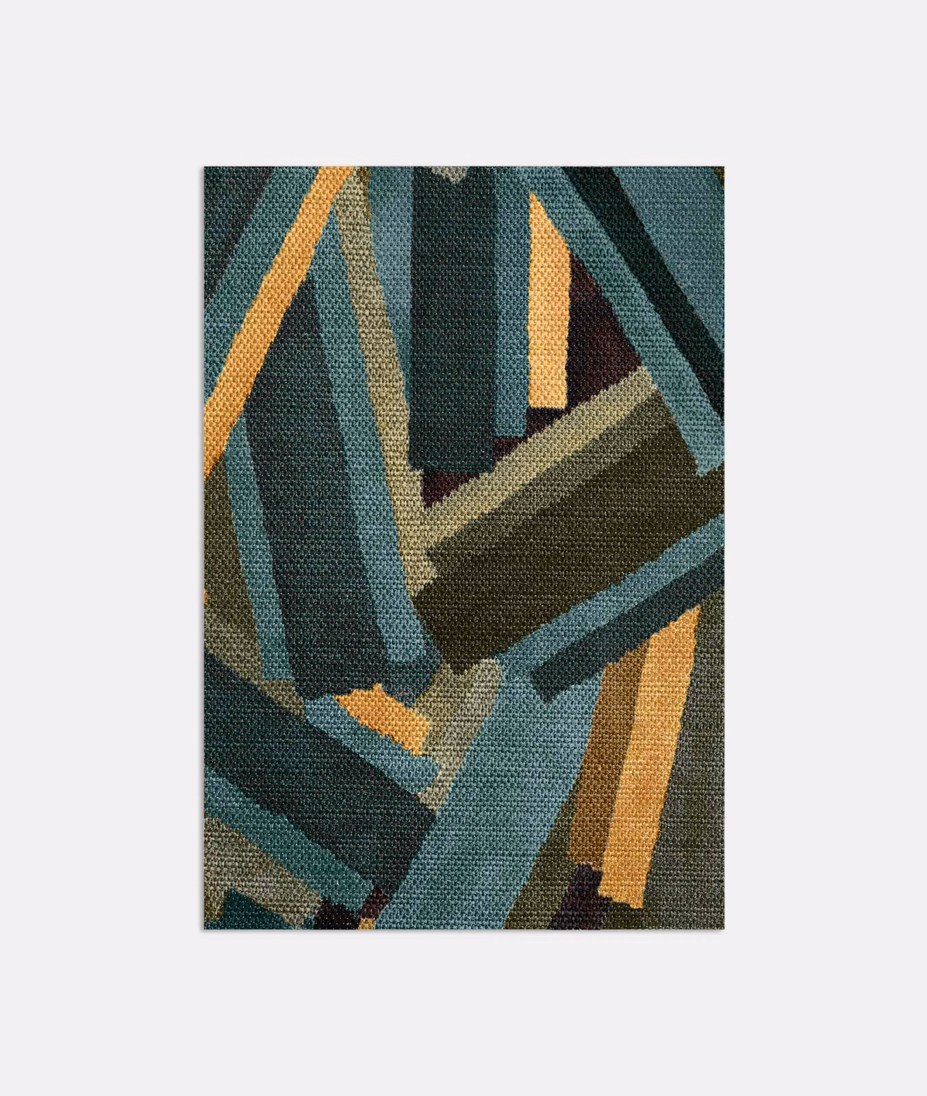 Deep teal, olive and ochre angular bands on a tightly textured woven fabric