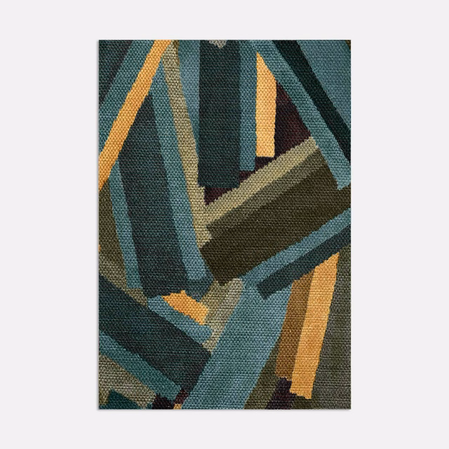 Deep teal, olive and ochre angular bands on a tightly textured woven fabric