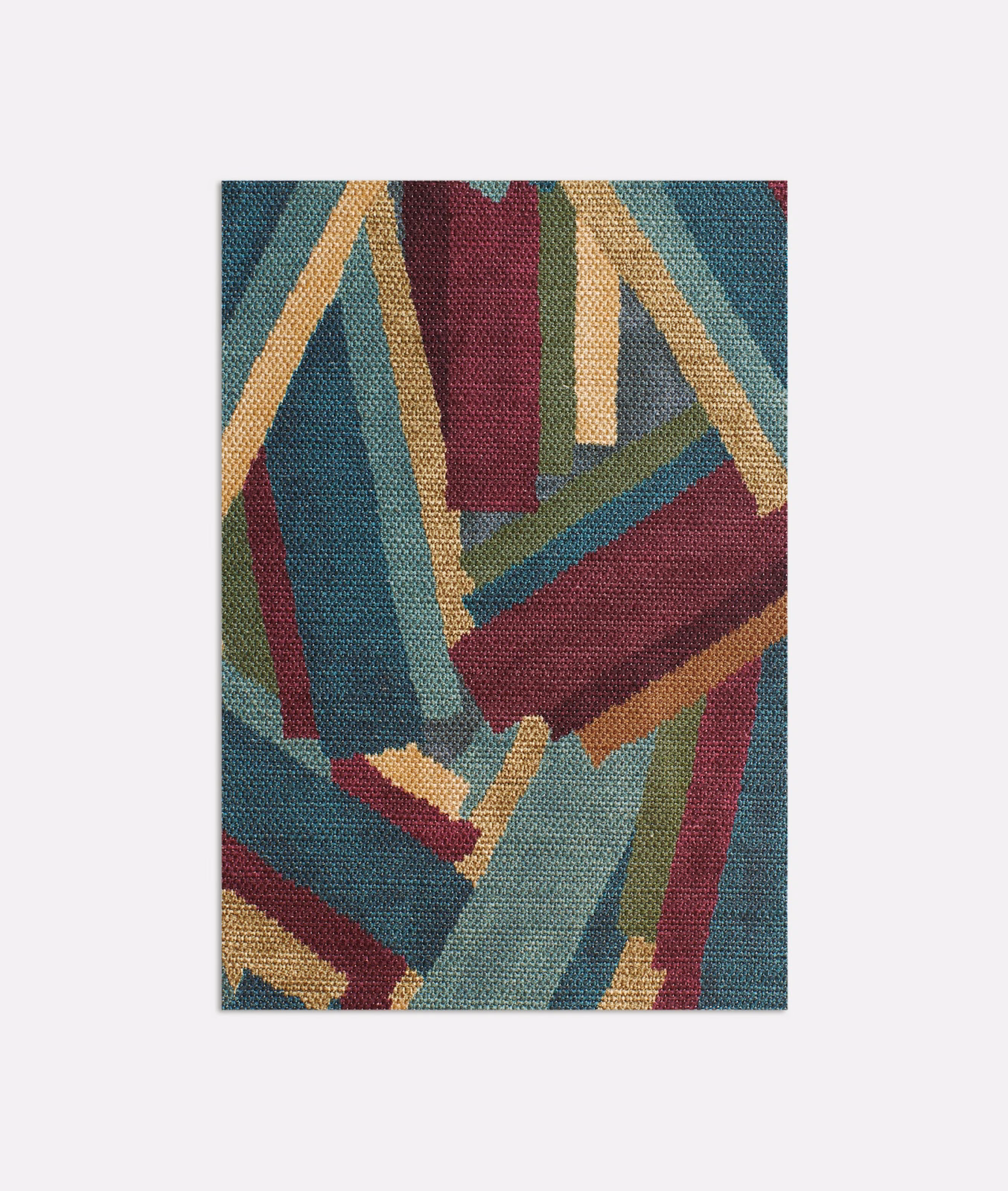 Teal, burgundy, mustard and olive geometric forms across a textured woven ground