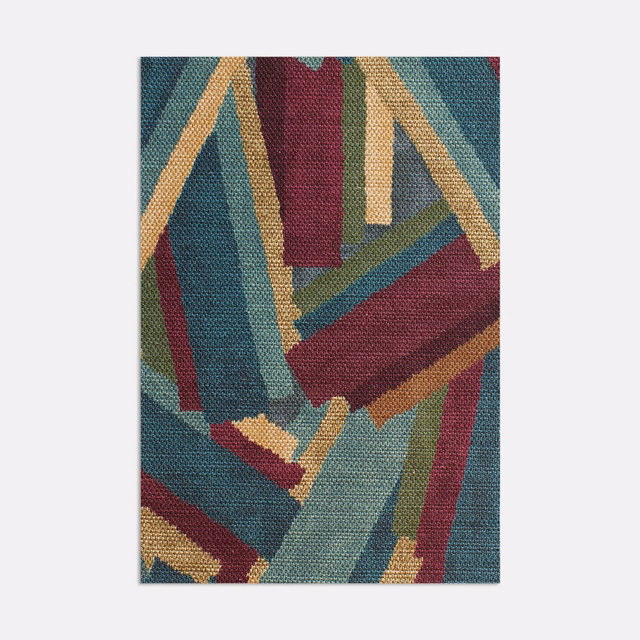 Teal, burgundy, mustard and olive geometric forms across a textured woven ground
