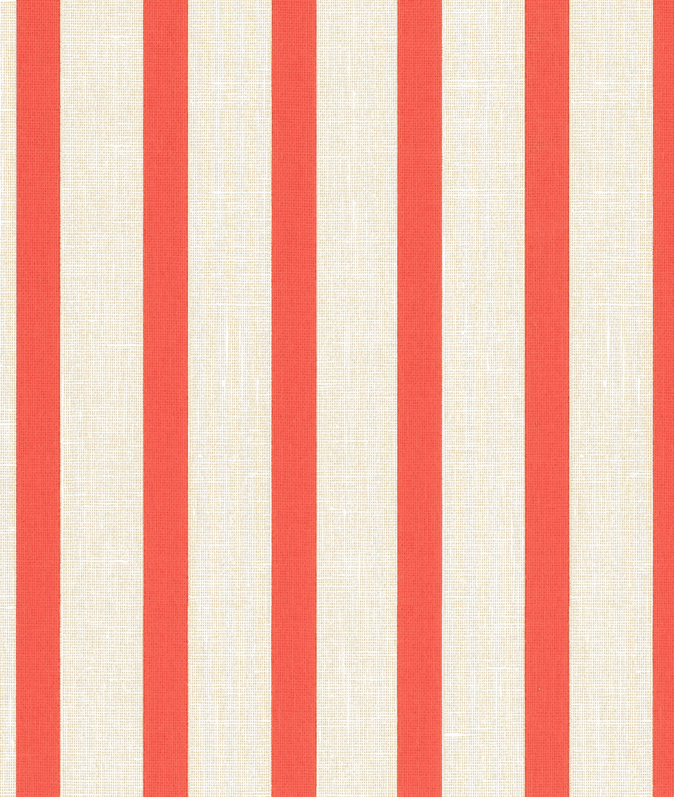 Geranium-red and ivory vertical stripe fabric with a fine woven texture